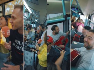 Vysielanie Trnavského rádia z mestského busu v Trnave. Zdroj: Vizart